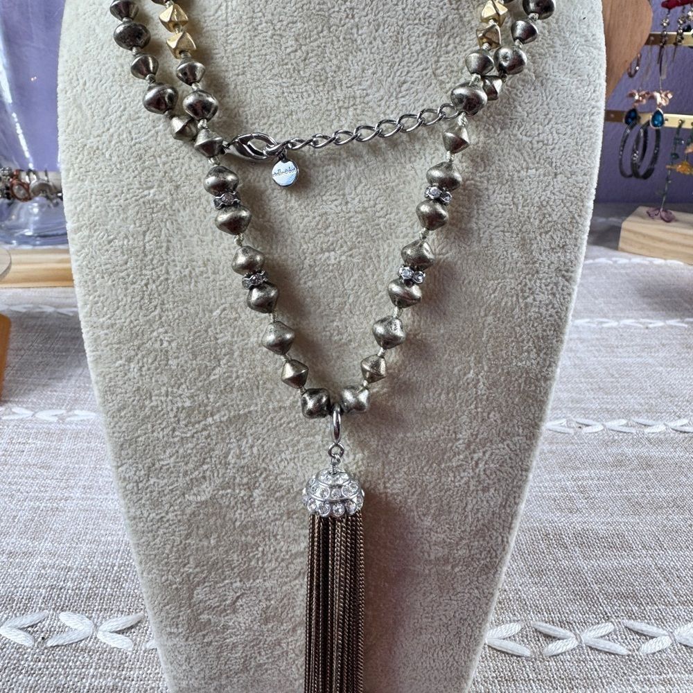 Stella & Dot Silver Beaded Necklace with Tassel